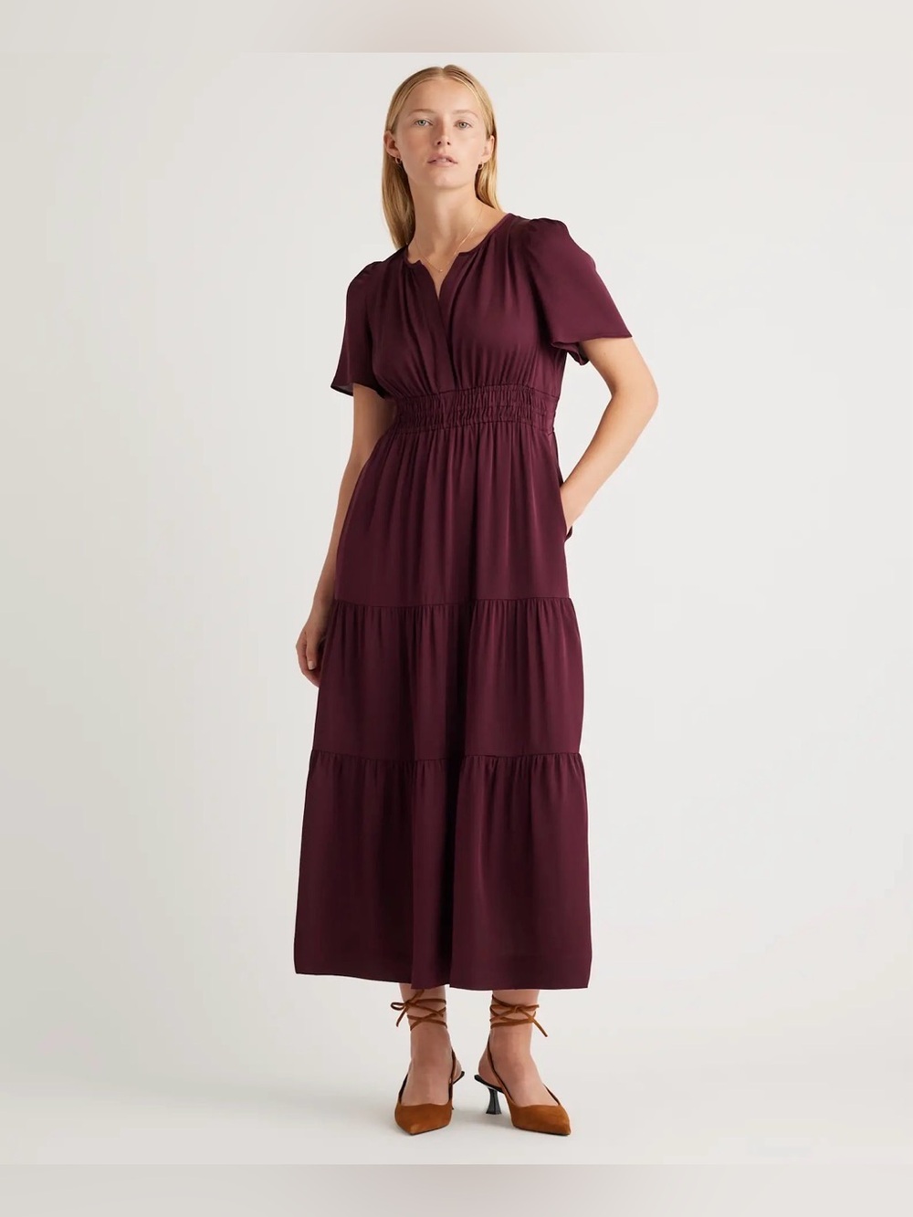 Quince Washable Stretch Silk Tiered Maxi Dress - Wine Tasting Red size Small